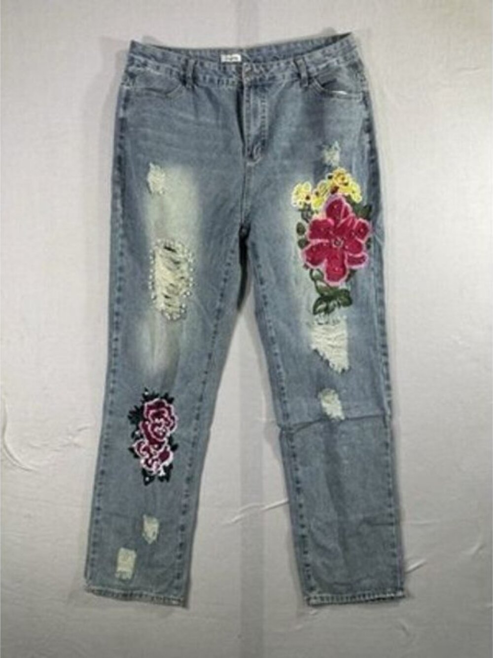 Ursime Woman's Light Blue Denim Jeans With Rips & Big Flower Patches 2XL